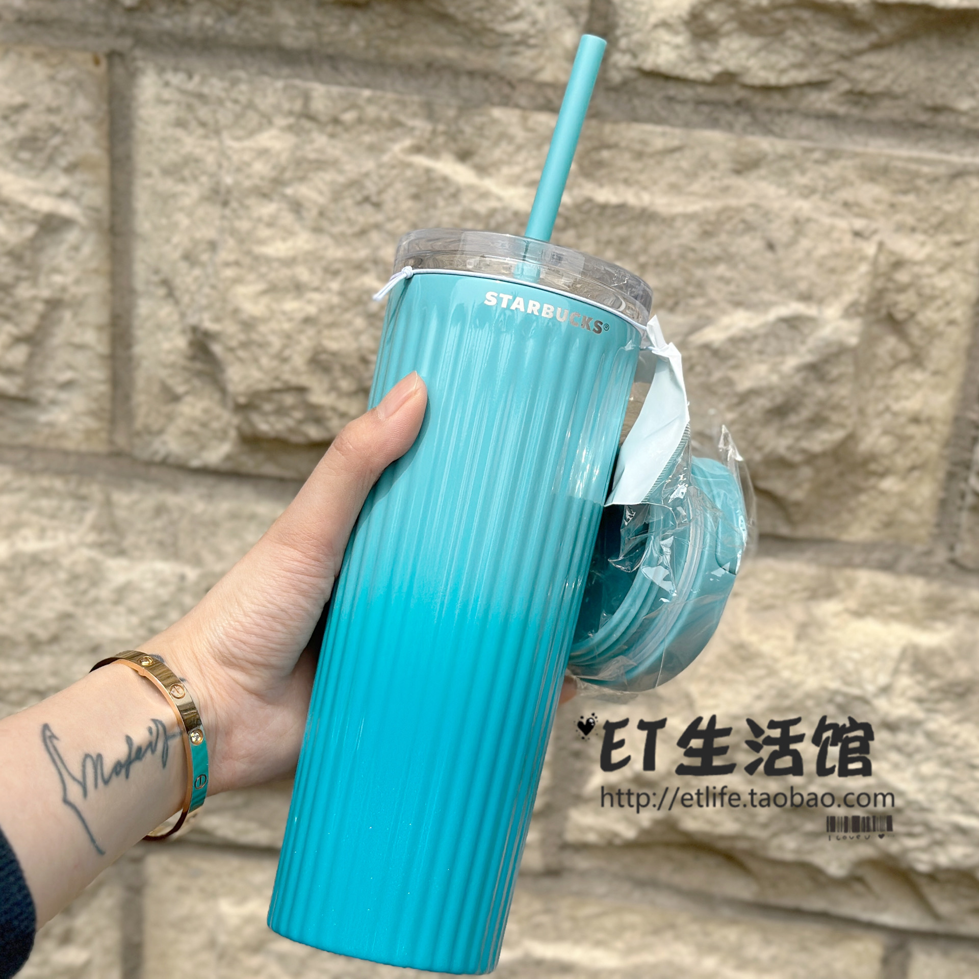 2023星巴克杯子粉色条纹薄荷绿渐变直纹限量新款不锈钢吸管保温杯 - 图0