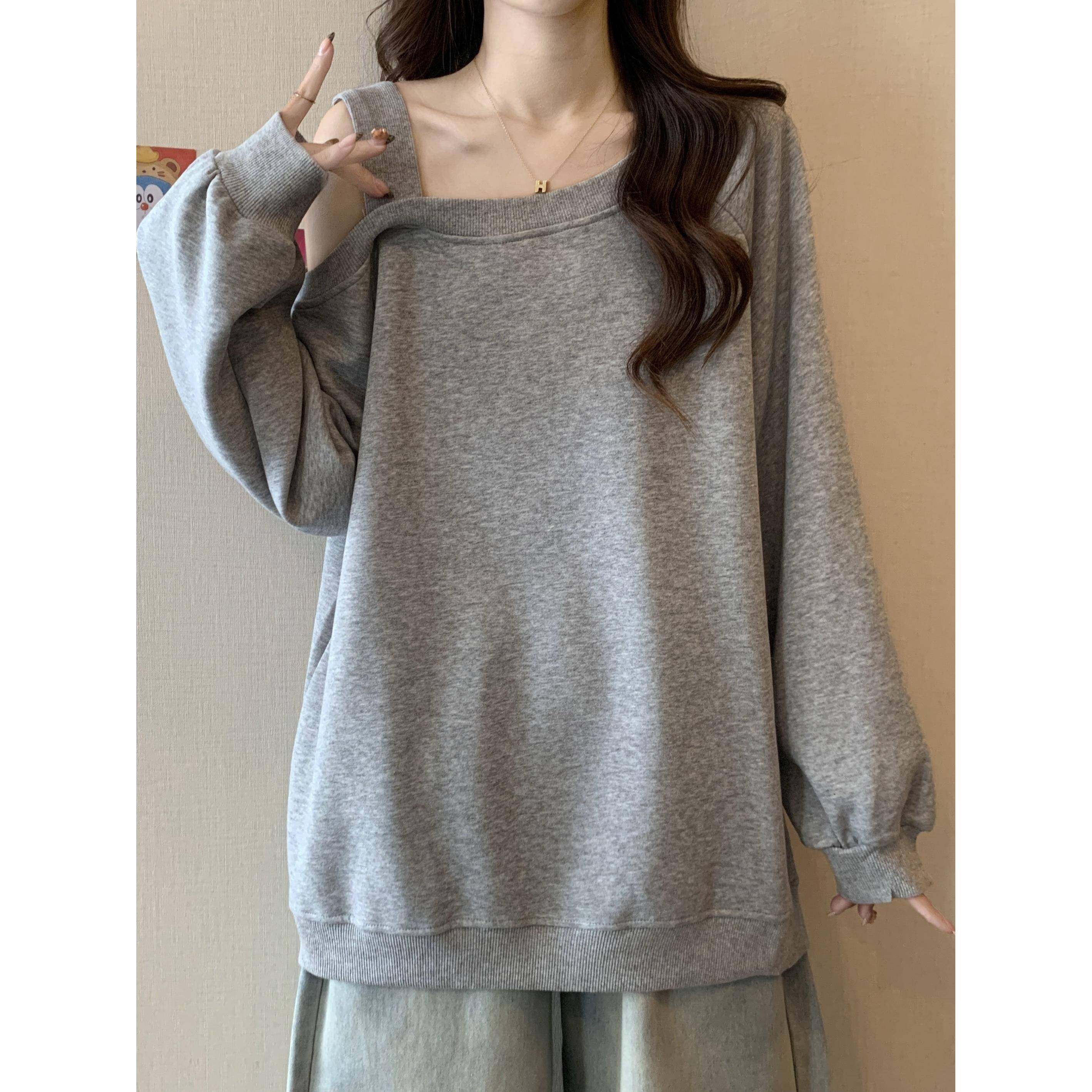 大码高级感黑色露肩长袖卫衣秋装女胖mm显瘦中长款遮屁股斜肩上衣,淘宝优惠券,粉丝福利购,淘宝优惠卷