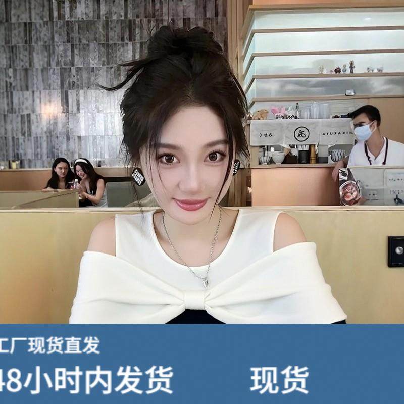 韩系甜美蝴蝶结撞色拼接针织衫女秋冬气质时尚设计感内搭露肩上衣,淘宝优惠券,粉丝福利购,淘宝优惠卷