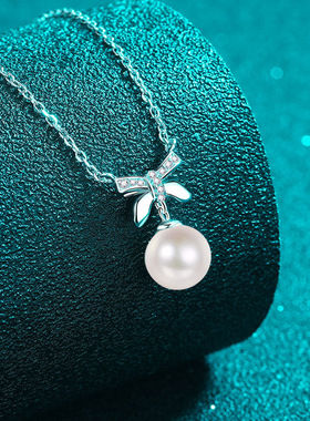 s925银镀18K金莫桑钻珍珠项链蝴蝶结甜美吊坠镀PT950 铂金锁骨链