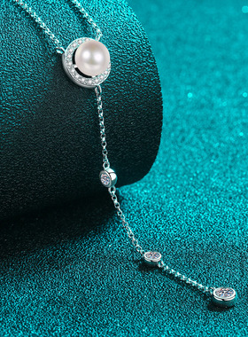 s925银镀18K金女莫桑石镀PT950 铂金淡水珍珠钻石24寸毛衣链吊坠