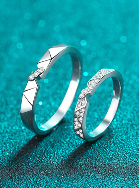 s925银镀18K金情侣戒指莫桑石简约指环镀pt950铂金结婚介子时尚款