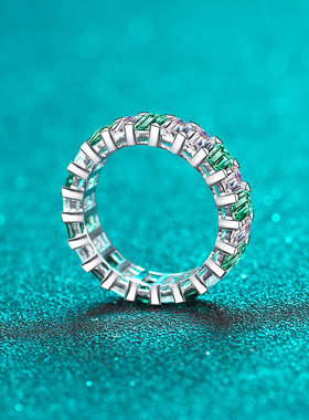 s925银镀18K金手饰女镀pt950铂金满圈莫桑石戒指绿白相间时尚指环