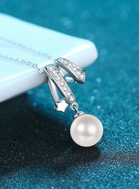 s925银镀18K金锁骨链女交叉款镀PT950 铂金8mm淡水珍珠莫桑石项链