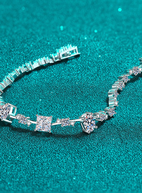 S925纯银镀18K金手链女款全莫桑石异形手镯镀pt950铂金莫桑钻手饰