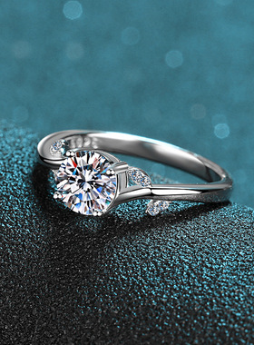 S925银莫桑石镀PT950铂金叶子四爪戒1克拉镀18K金戒指情人节礼物