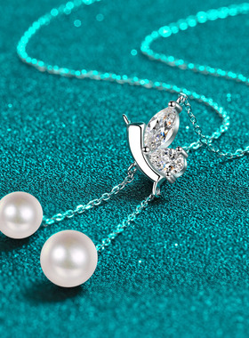 s925银镀18K金项链女镶嵌莫桑石淡水珍珠颈链镀pt950铂金轻奢吊坠