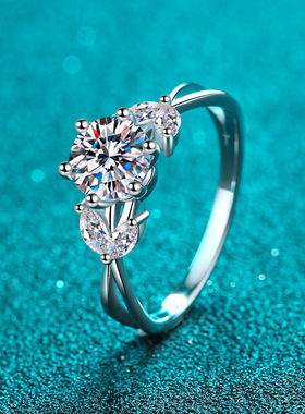 s925银镀18K金戒指女镀pt950铂金莫桑石介子结婚指环小众轻奢礼品