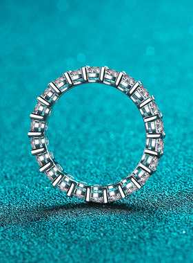 s925银镀18K金手饰女镀pt950金一字排戒满圈莫桑石戒指时尚简约