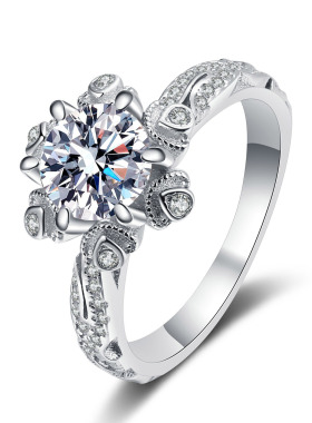 s925银镀18K金戒指女富贵花莫桑石指环pt950铂金小众时尚饰品礼品