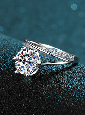 s925银镀18K金戒指女六爪个性时尚3克拉莫桑钻镀PT950 铂金婚戒