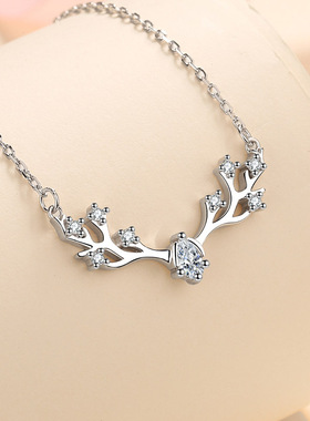 s925纯银镀18K金项链女小鹿吊坠鹿角可爱甜美简约时尚镀PT950铂金