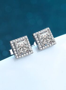 s925银镀18K金耳钉微镶碎钻四爪镶嵌1克拉2克拉镀PT950铂金莫桑钻