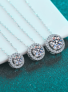 s925纯银镀18K金项链女圆包吊坠简约莫桑钻镀PT950 铂金钻石项链