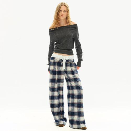 SMIIILE气质一字领斜肩露肩堆叠羊毛针织衫秋修身显瘦打底衫上衣 - 图1