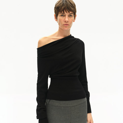 SMIIILE气质一字领斜肩露肩堆叠羊毛针织衫秋修身显瘦打底衫上衣 - 图0