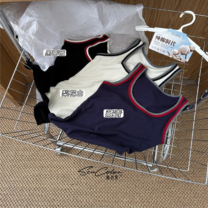 秋冬新款撞色螺纹磨毛吊带背心女修身显瘦百搭无袖U领打底衫 - 图1