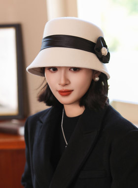 赫本风人字结飘带法式渔夫帽女