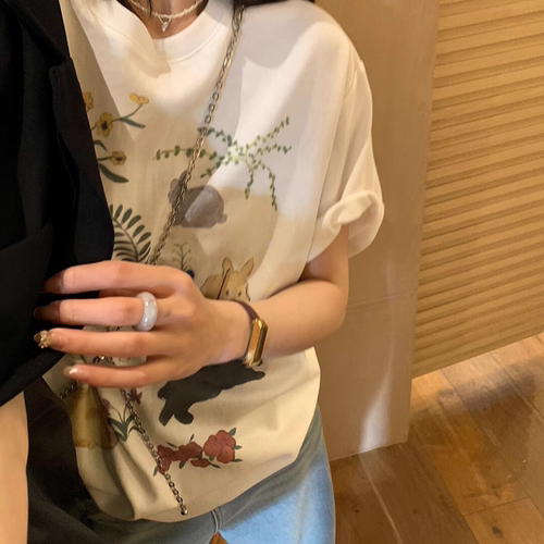 ODD/趣味小众兔子无感印花圆领宽松纯棉短袖T恤女上衣夏透气百搭 - 图0