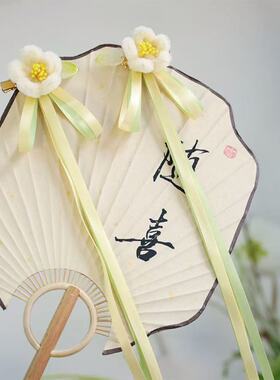 古风绒花对夹长飘带发夹毛球头饰汉服花朵头饰中国风儿童边夹饰品
