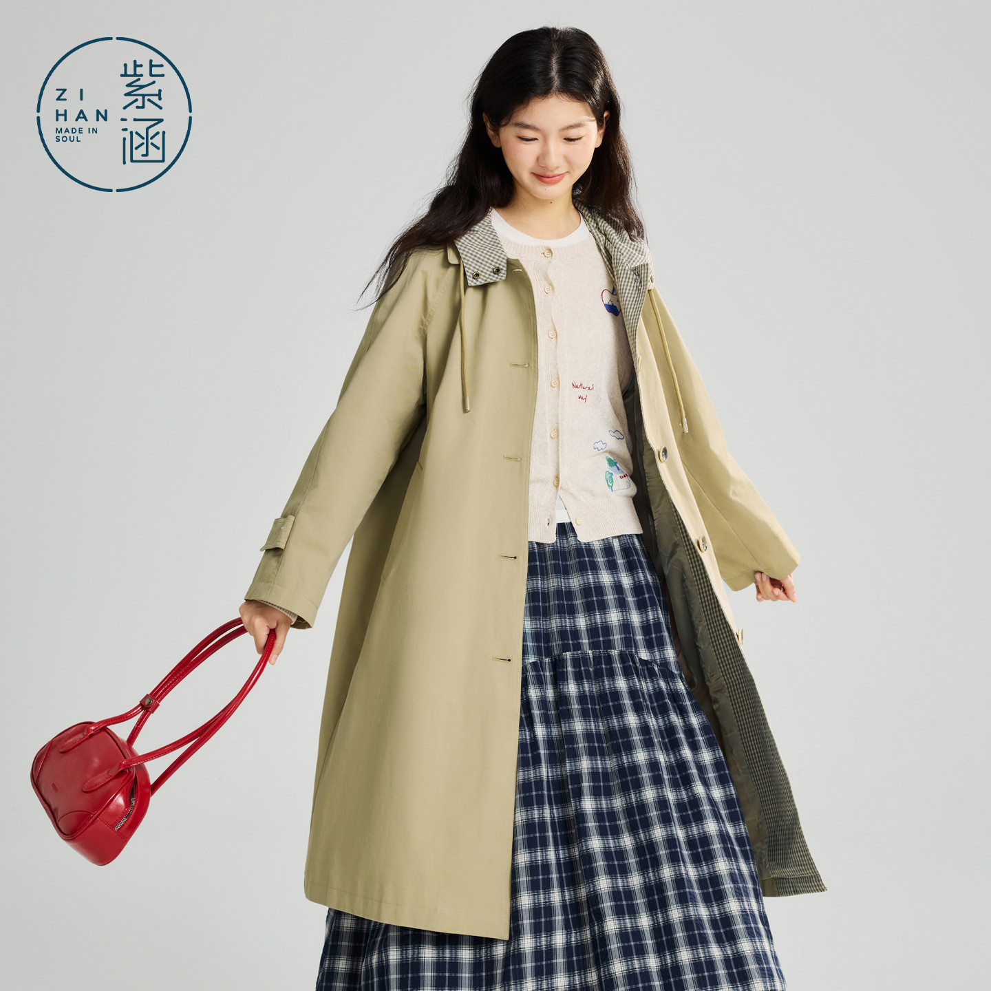 紫涵中长款连帽风衣女2026春季新款内里撞色格纹宽松单排扣外套,淘宝优惠券,粉丝福利购,淘宝优惠卷