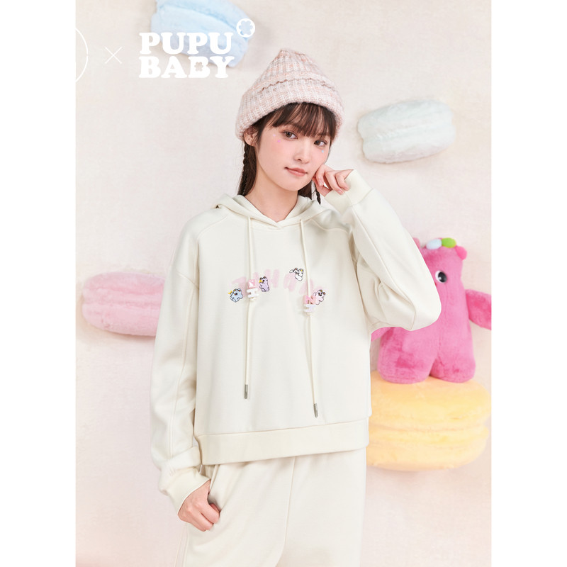 【奶噗噗联名】紫涵字母刺绣短款连帽卫衣女冬季新款甜美宽松上衣,淘宝优惠券,粉丝福利购,淘宝优惠卷