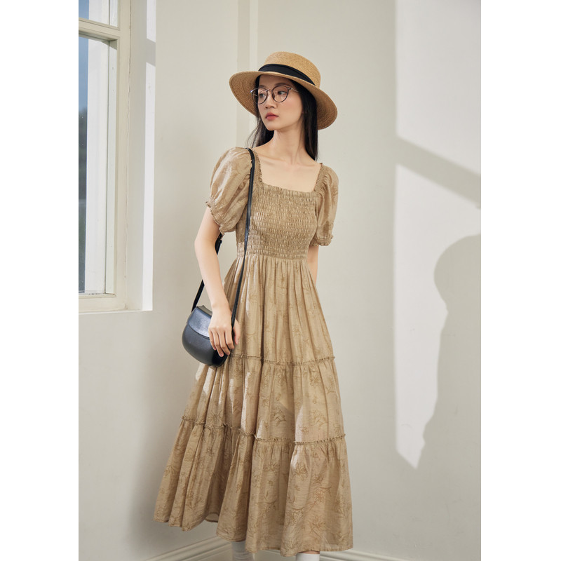 紫涵打揽印花连衣裙女夏季新款法式甜美风休闲收腰显瘦方领中长裙