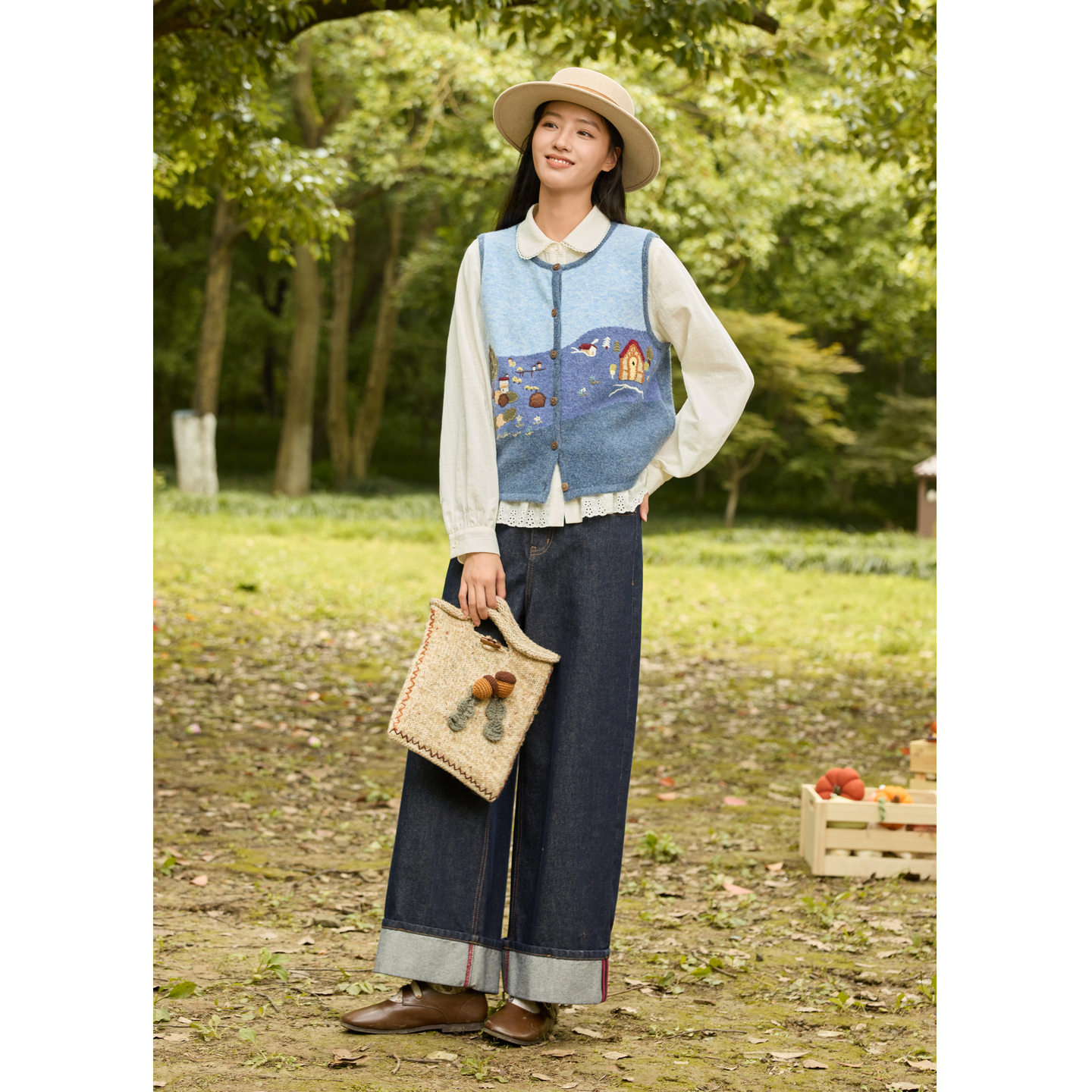 紫涵圆领无袖针织马甲背心女2025秋季新款田园风手工刺绣叠穿马夹 - 图3