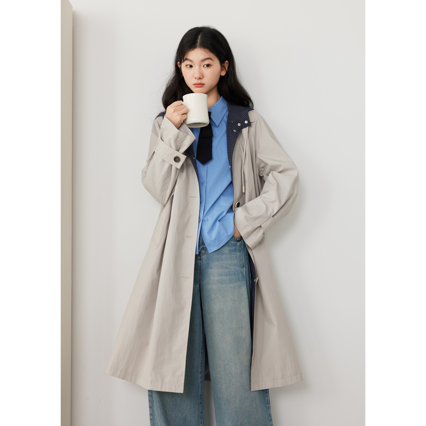 紫涵中长款连帽风衣女2026春季新款内里撞色格纹宽松单排扣外套,淘宝优惠券,粉丝福利购,淘宝优惠卷