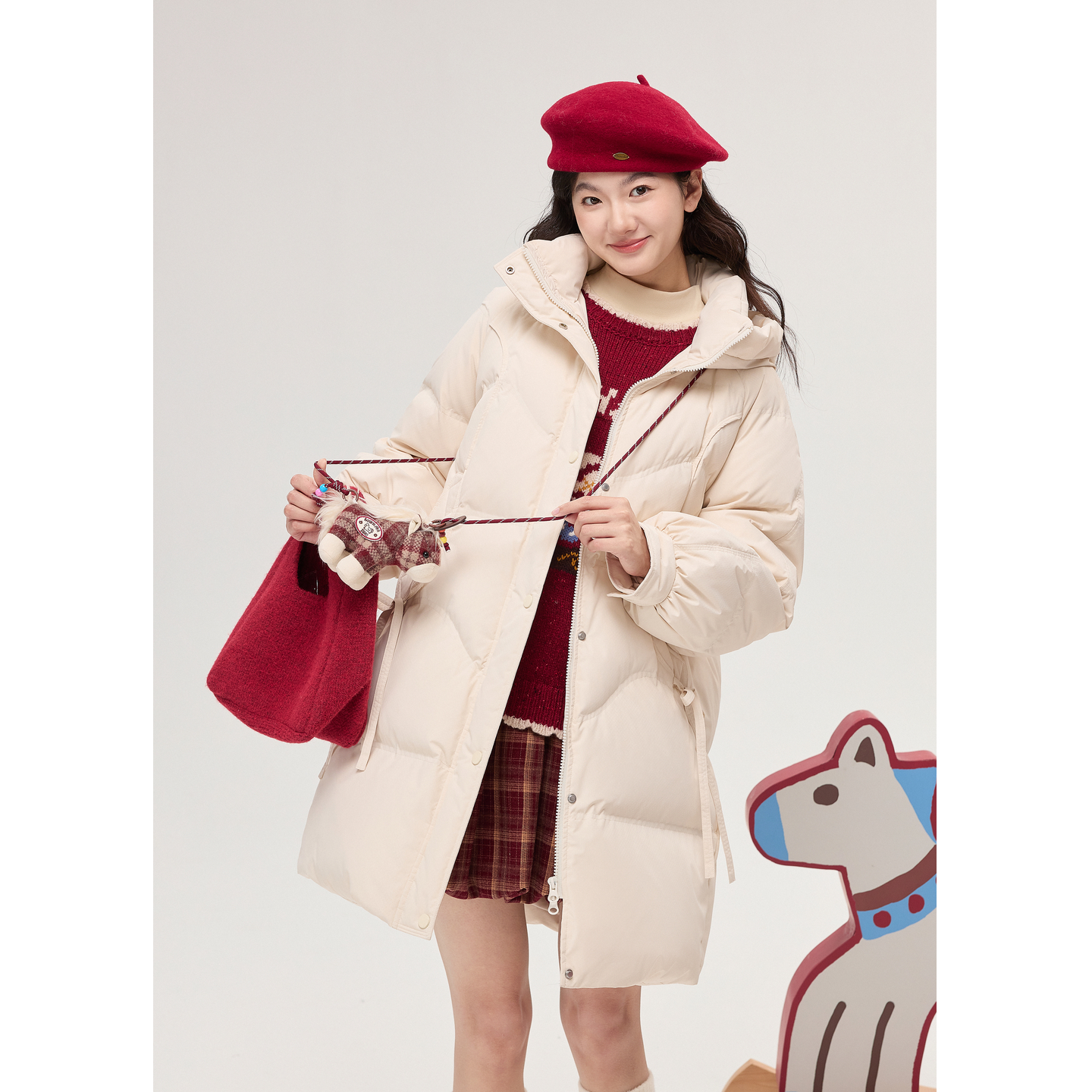 紫涵中长款直筒连帽羽绒服女2025年冬季新款宽松绑带保暖鸭绒外套 - 图2