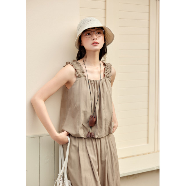 Zihan ໂສ້ງຂາຍາວ camisole drapey ດອກກຸຫຼາບແບບຝຣັ່ງສາຍແຂນສອງສ່ວນເທິງແລະລຸ່ມຂອງແມ່ຍິງໃນລະດູຮ້ອນແບບໃຫມ່