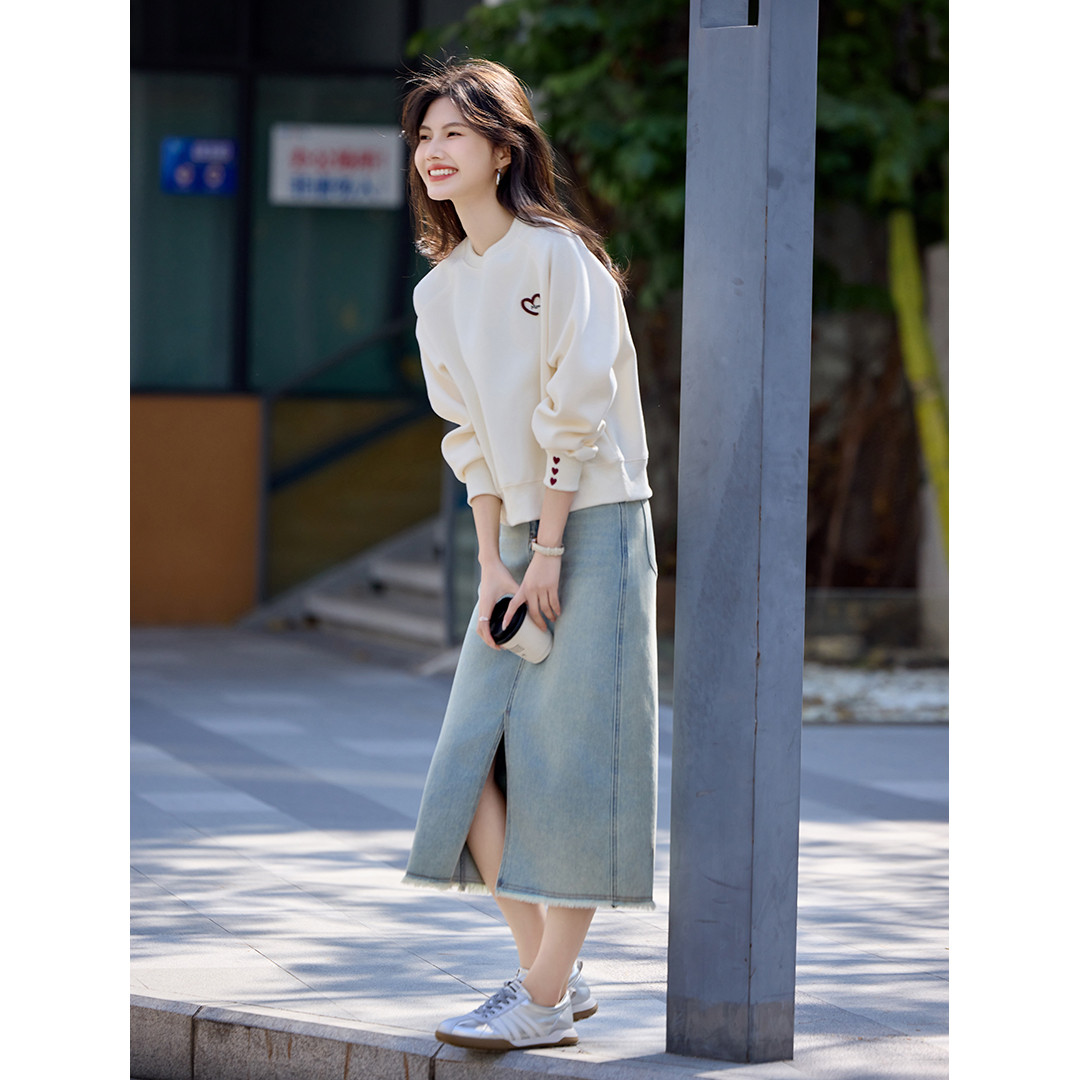 尚静圆领卫衣女春秋2025新款小个子宽松慵懒风无帽插肩袖长袖上衣 - 图0