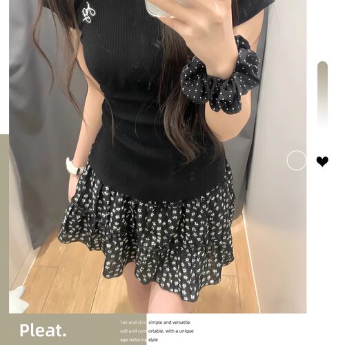 黑色碎花裙女春夏季2025新款蛋糕裙小个子显瘦a字短裙蓬蓬半身裙 - 图3