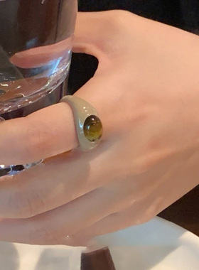 奶茶色滴油虎眼石开口戒指女小众设计感简约个性时尚百搭指环戒子