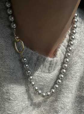 高级感灰色珍珠项链女韩国小众复古个性简约百搭气质颈链锁骨链