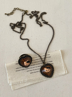 复古做旧豹纹爱心猫咪项链戒指女甜酷风辣妹个性百搭颈链毛衣链