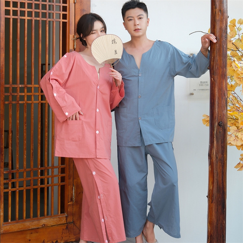 艾灸服纯棉前后开背男汗蒸服长袖腿侧开推拿服女肩袖开衫针灸理疗 - 图1