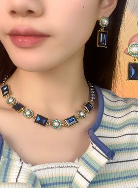 中古vintage项链镶钻方形拼接珍珠锁骨链2024新款复古高级感项饰