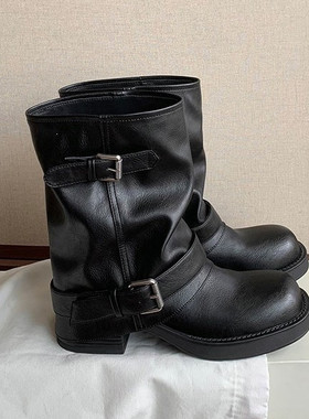 牛皮版增高5cm~时髦双皮带扣粗跟短筒百搭堆堆裤管靴女2026新款
