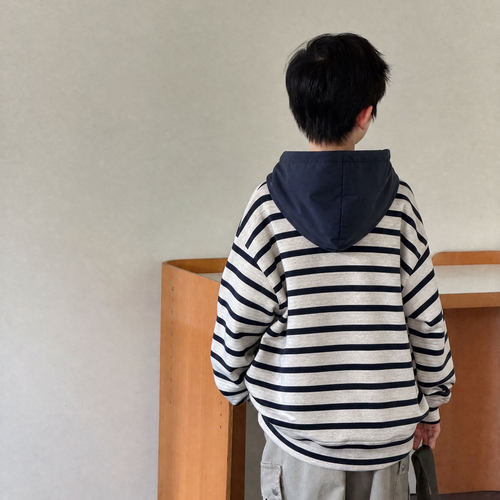男童秋冬连帽卫衣条纹拉链上衣2026中大儿童秋装时髦潮长袖休闲风 - 图3