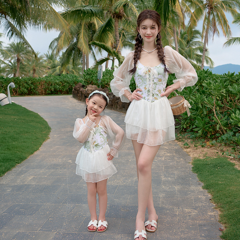 新款新子泳衣母女连体裙式女童女孩白色超仙儿公主洋气仙女泳装 - 图2