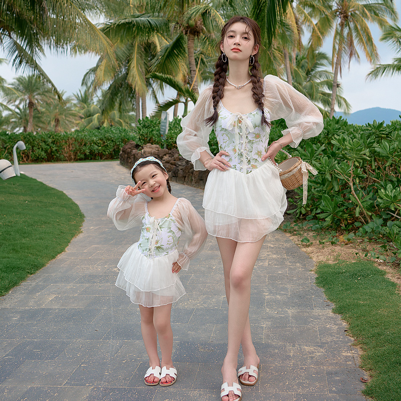 新款新子泳衣母女连体裙式女童女孩白色超仙儿公主洋气仙女泳装 - 图0