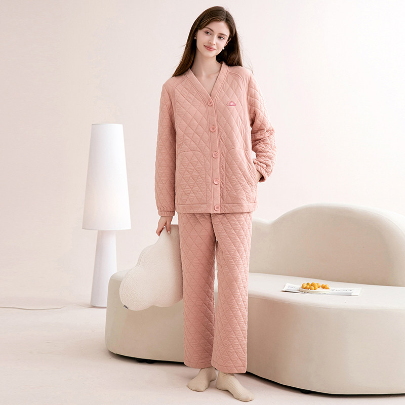 芬腾秋冬新款抑菌薄夹棉睡衣长束口手袖V领开衫家居服套装简约女,淘宝优惠券,粉丝福利购,淘宝优惠卷