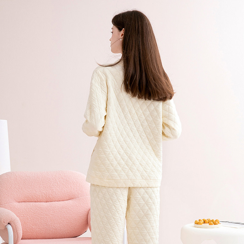 芬腾秋冬新款抑菌薄夹棉睡衣长束口手袖V领开衫家居服套装简约女,淘宝优惠券,粉丝福利购,淘宝优惠卷