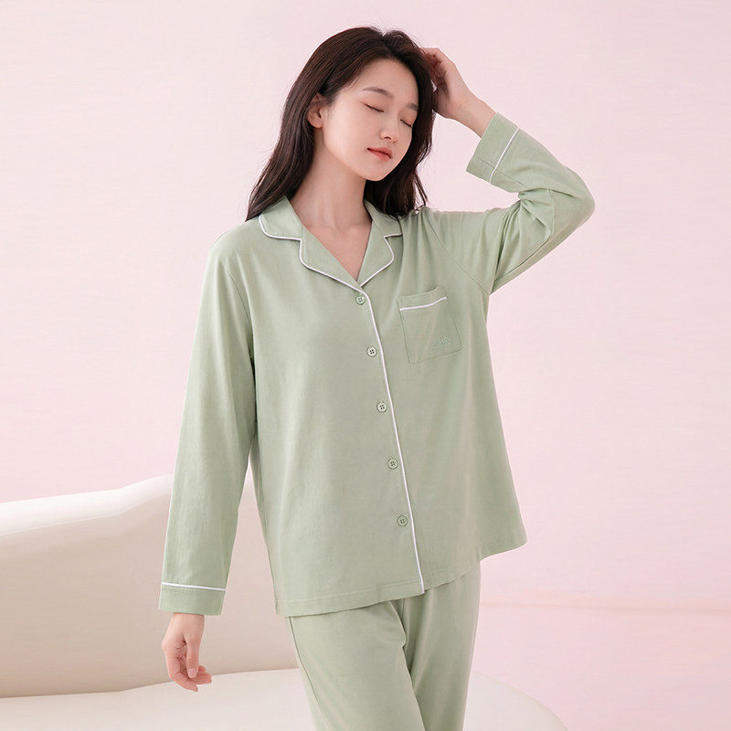 芬腾纯棉睡衣女长袖带胸垫套装春秋简约家居服可外穿女士长裤亲肤