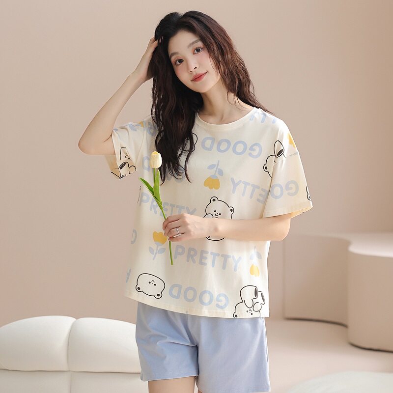 芬腾100%棉家居服睡衣女新款夏季亲肤透气可外穿舒适休闲两件套女