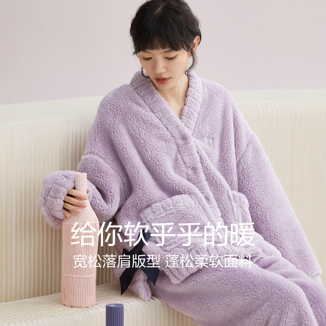 红豆居家珊瑚绒睡衣女款加厚法兰绒少女蝴蝶结保暖家居服可外穿 - 图3