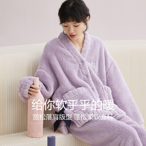 红豆居家珊瑚绒睡衣女款加厚法兰绒少女蝴蝶结保暖家居服可外穿 - 图3