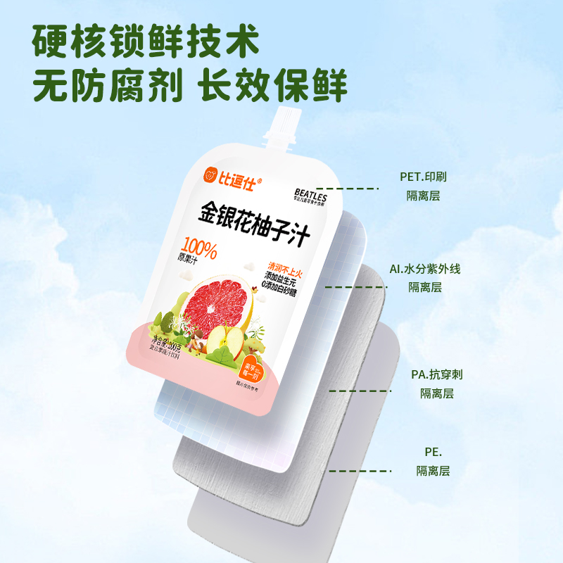 比逗仕金银花柚子汁100%原果汁儿童休闲清爽滋润饮品饮料含益生元