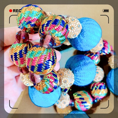 国内现货印度特色手工穿制绕线球彩色棉绳项链蓝色不包邮贝叶工坊